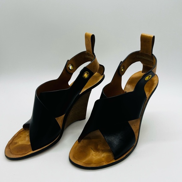 Chloe Black and Tan Wedge Slingback Sandals with Leather Cross-Strap Est SZ 10 - Picture 12 of 15